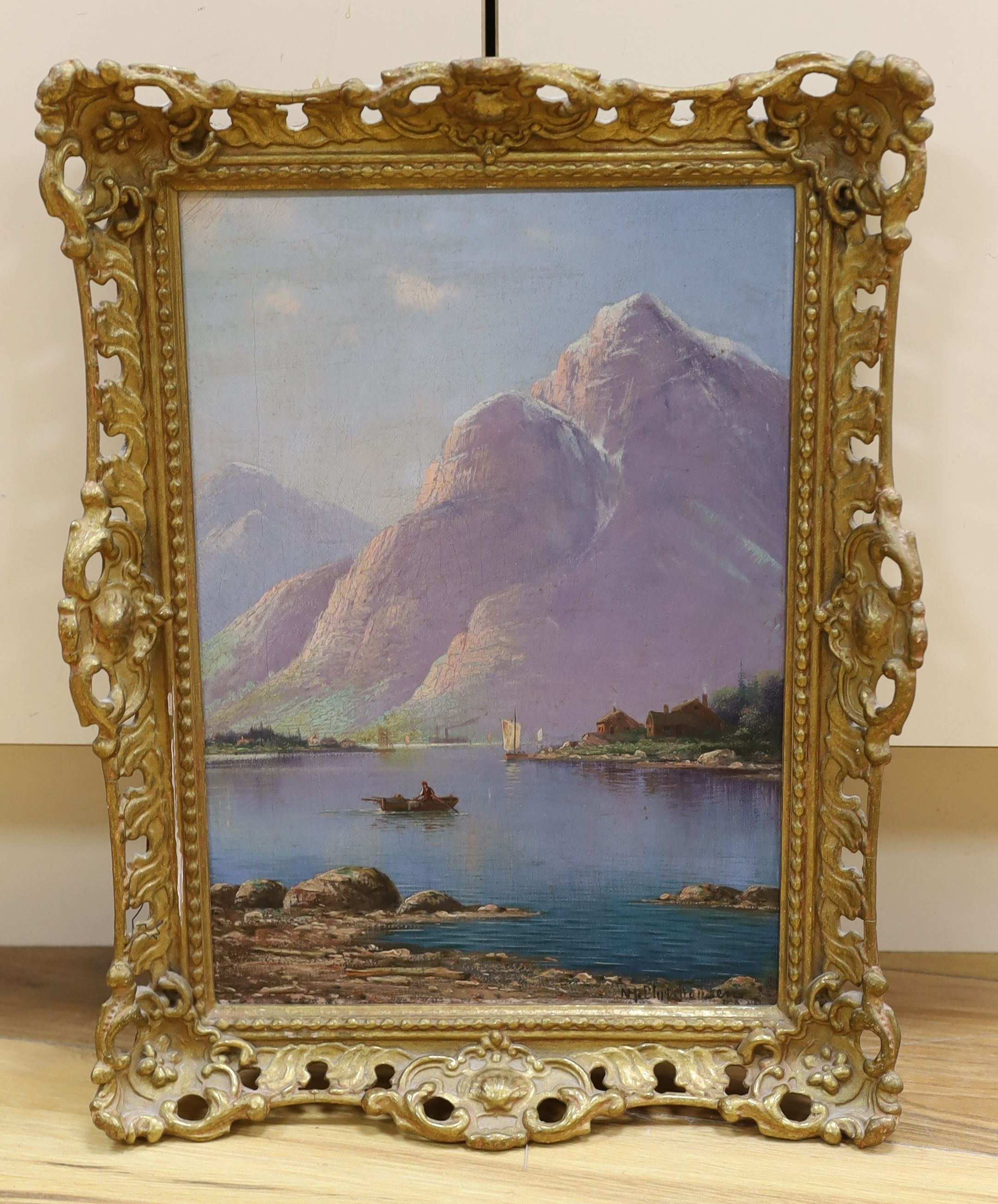 Niels Hans Christiansen (1850-1922), oil on canvas, Rowing boat on a fjord, signed, 35 x 24cm